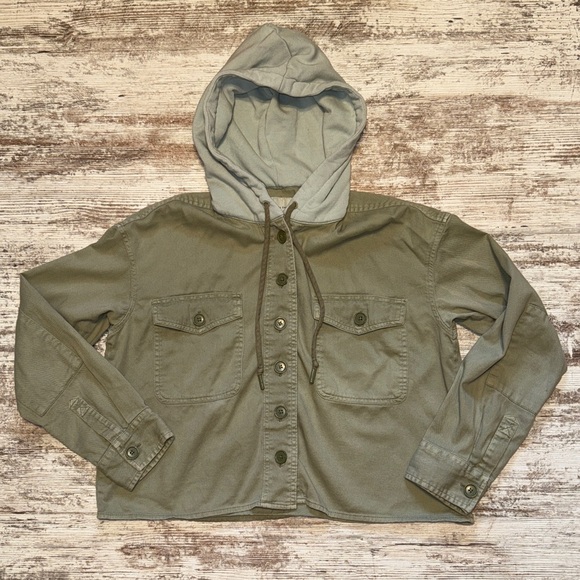 American Eagle Outfitters Olive Jean Jacket with Gray Hood - Picture 1 of 7